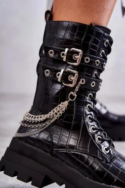 New Boto Wysokie Workery Botki Z Łańcuchem Wężowe Czarne Montero