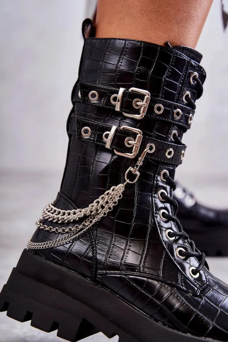 New Boto Wysokie Workery Botki Z Łańcuchem Wężowe Czarne Montero