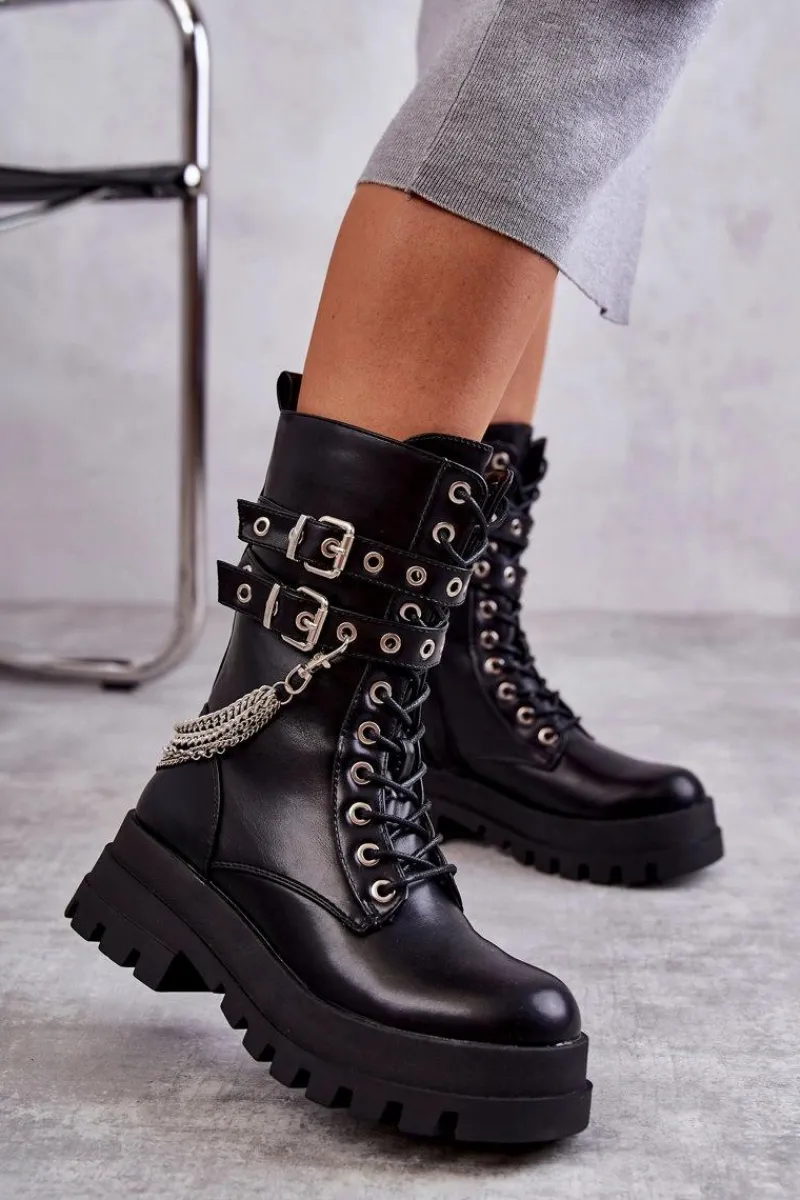Hot Wysokie Workery Botki Z Łańcuchem Czarne Montero Damskie Botki Sznurowane|Czarne Botki