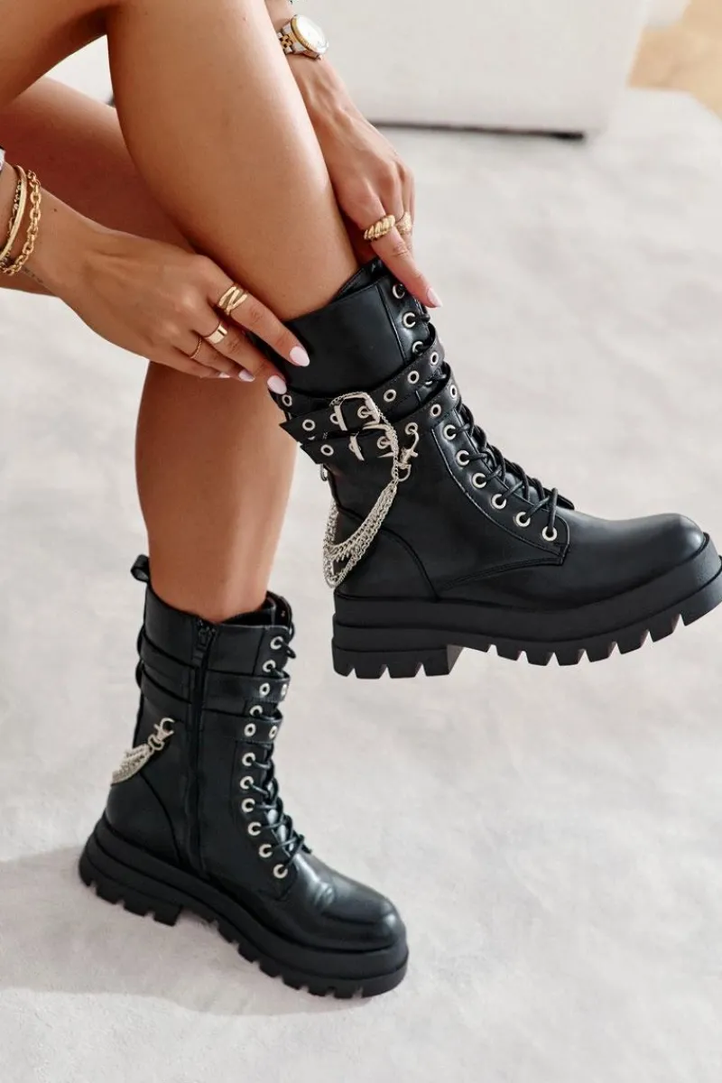 Hot Wysokie Workery Botki Z Łańcuchem Czarne Montero Damskie Botki Sznurowane|Czarne Botki
