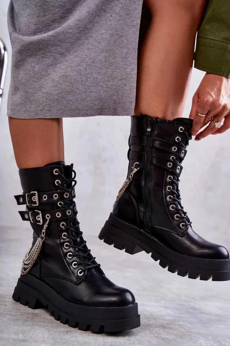 Hot Wysokie Workery Botki Z Łańcuchem Czarne Montero Damskie Botki Sznurowane|Czarne Botki