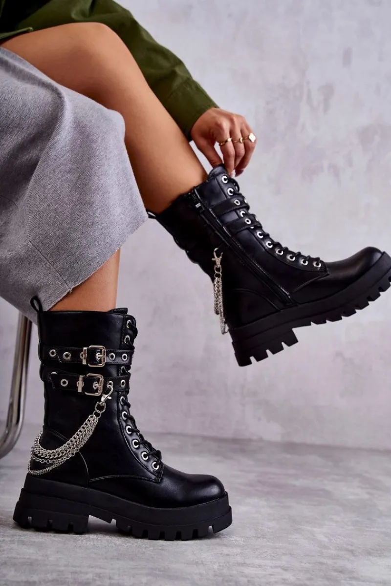 Hot Wysokie Workery Botki Z Łańcuchem Czarne Montero Damskie Botki Sznurowane|Czarne Botki