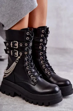 Hot Wysokie Workery Botki Z Łańcuchem Czarne Montero Damskie Botki Sznurowane|Czarne Botki