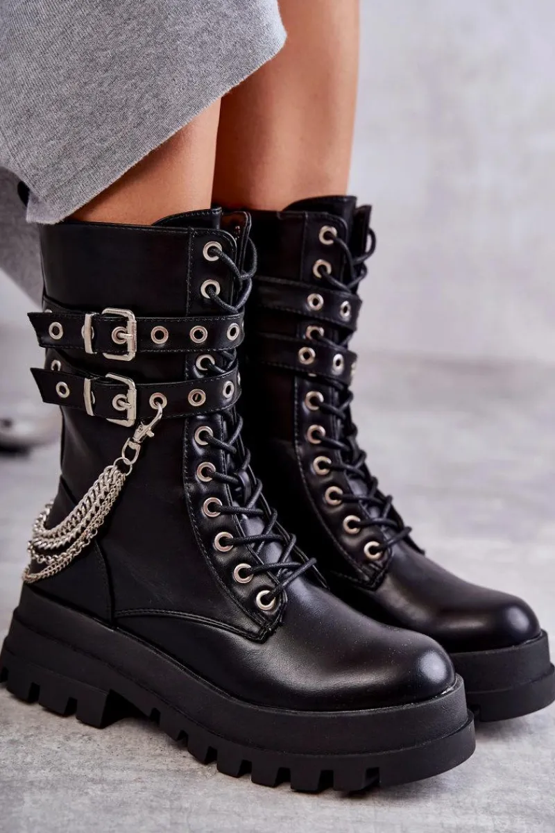 Hot Wysokie Workery Botki Z Łańcuchem Czarne Montero Damskie Botki Sznurowane|Czarne Botki