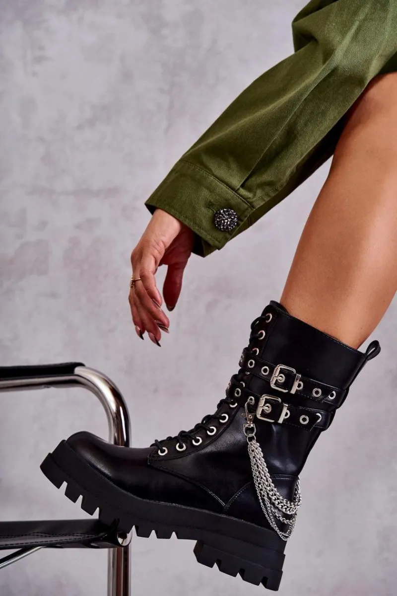 Hot Wysokie Workery Botki Z Łańcuchem Czarne Montero Damskie Botki Sznurowane|Czarne Botki