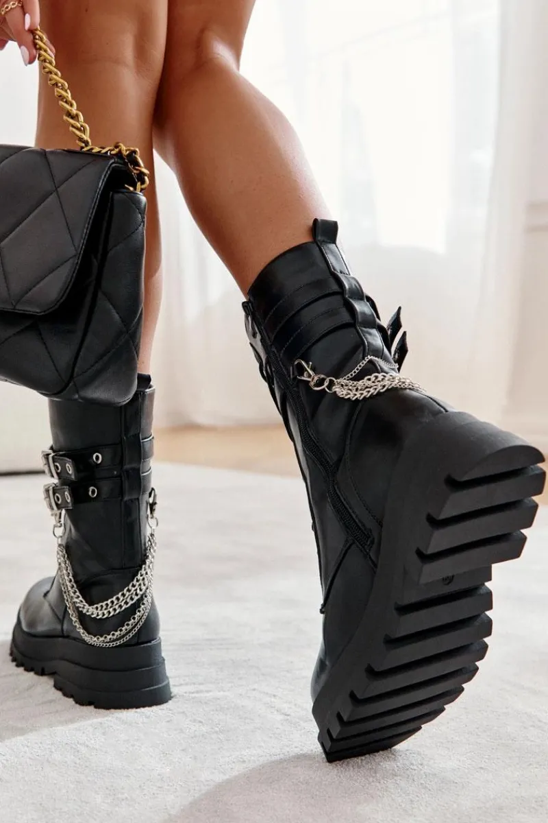 Hot Wysokie Workery Botki Z Łańcuchem Czarne Montero Damskie Botki Sznurowane|Czarne Botki