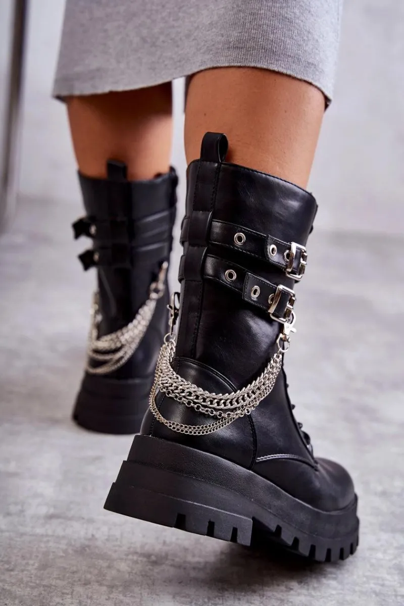 Hot Wysokie Workery Botki Z Łańcuchem Czarne Montero Damskie Botki Sznurowane|Czarne Botki