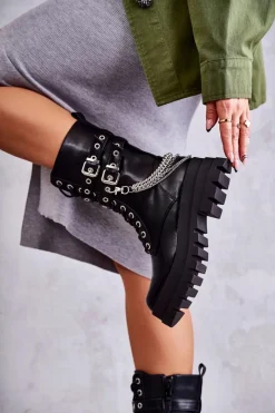 Hot Wysokie Workery Botki Z Łańcuchem Czarne Montero Damskie Botki Sznurowane|Czarne Botki