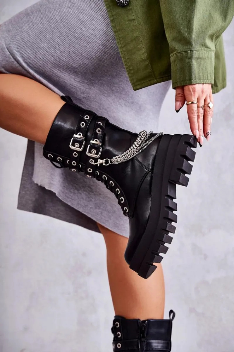 Hot Wysokie Workery Botki Z Łańcuchem Czarne Montero Damskie Botki Sznurowane|Czarne Botki