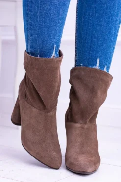 Hot Laura Messi Wysokie Zamszowe Botki na Słupku Khaki 1857