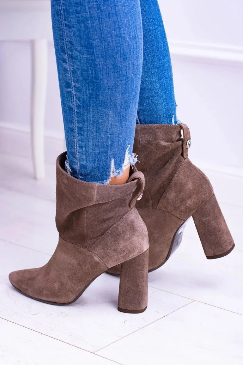 Hot Laura Messi Wysokie Zamszowe Botki na Słupku Khaki 1857