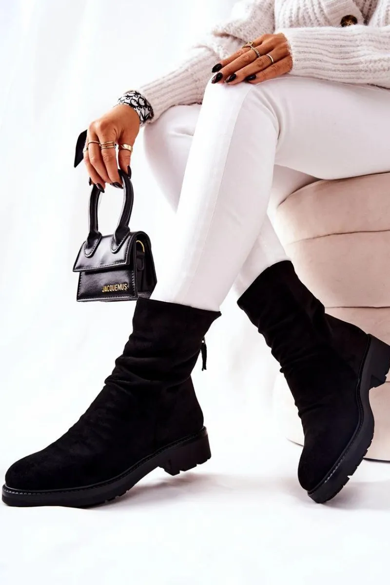 Sale Boto Wysokie Zamszowe Marszczone Botki Czarne Trishia