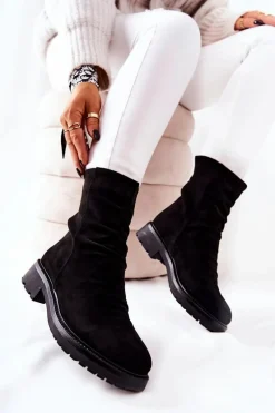Sale Boto Wysokie Zamszowe Marszczone Botki Czarne Trishia