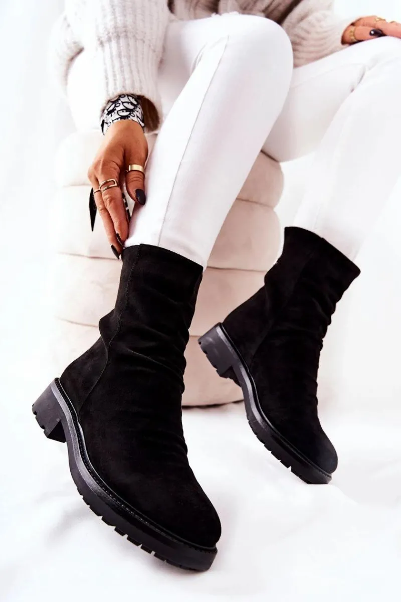 Sale Boto Wysokie Zamszowe Marszczone Botki Czarne Trishia
