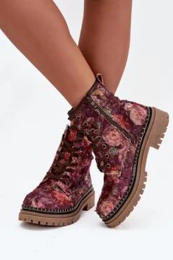 Hot Artiker Wzorzyste Botki Damskie Ocieplane 57C1055 Bordowe Czerwony