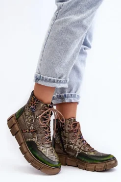Botki Maciejka|Botki Skórzane>Maciejka Wzorzyste Botki Damskie Skórzane 06145-24 Oliwkowe