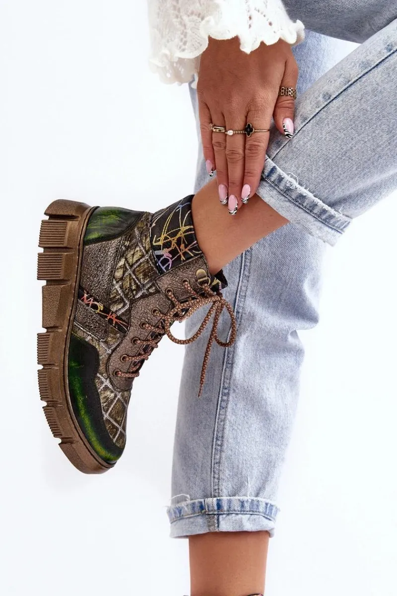 Botki Maciejka|Botki Skórzane>Maciejka Wzorzyste Botki Damskie Skórzane 06145-24 Oliwkowe