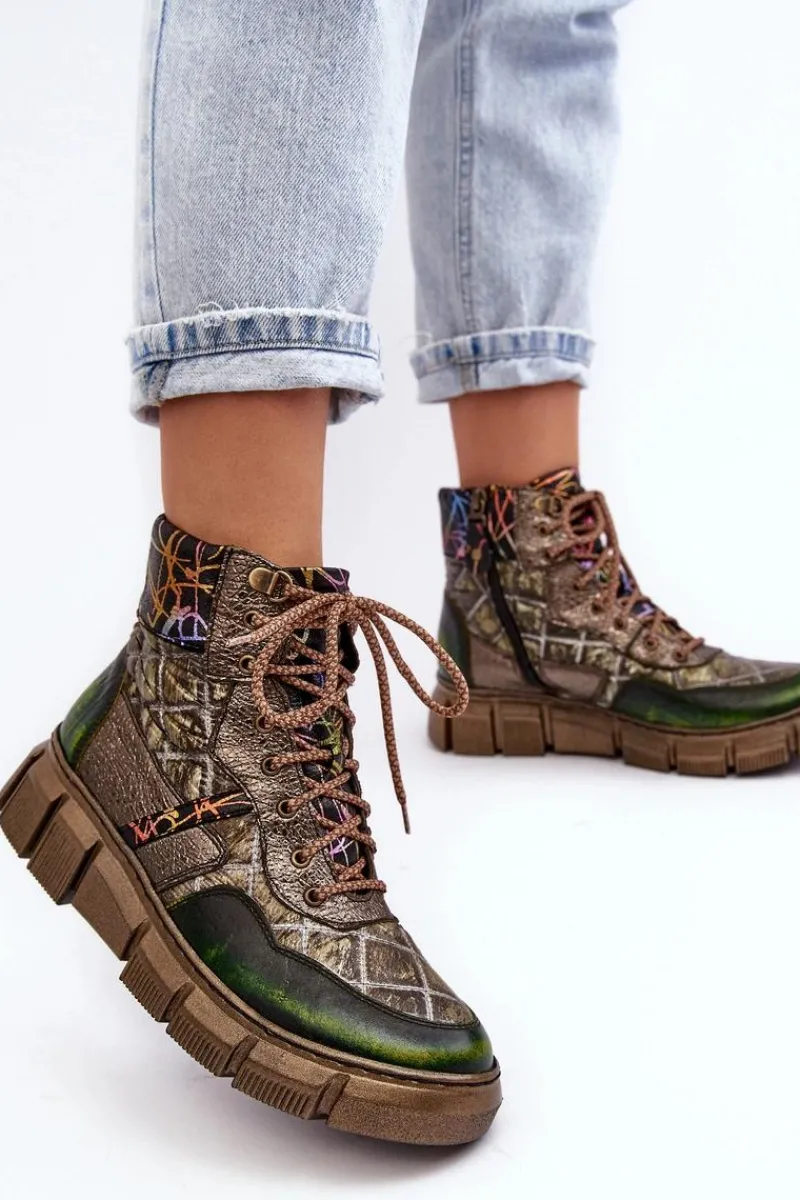 Botki Maciejka|Botki Skórzane>Maciejka Wzorzyste Botki Damskie Skórzane 06145-24 Oliwkowe