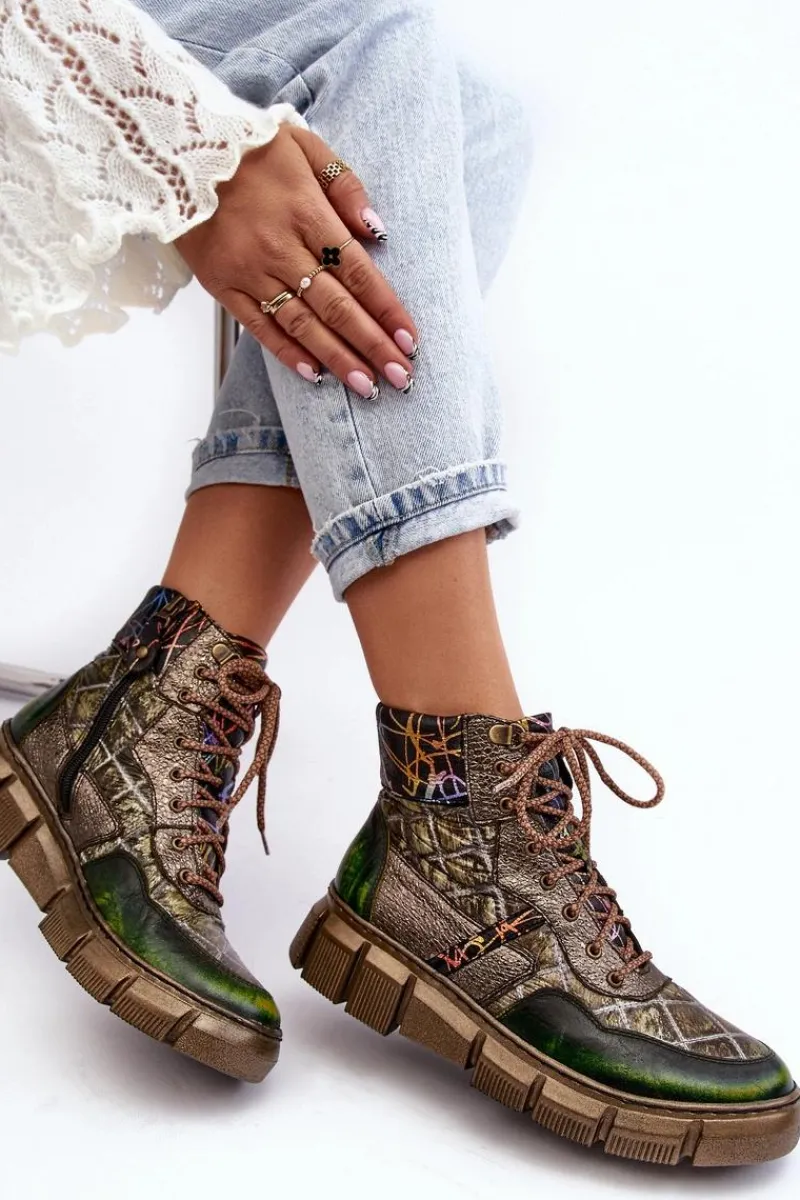 Botki Maciejka|Botki Skórzane>Maciejka Wzorzyste Botki Damskie Skórzane 06145-24 Oliwkowe