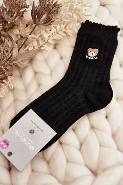 Discount Aura.via Wzorzyste Damskie Skarpety Z Misiem Czarne - Wzór 2