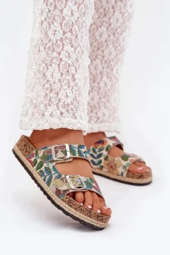 Best Wzorzyste Klapki Damskie Na Korkowej Platformie Z Klamrami LCW-25-35-3480L Multikolor Damskie Klapki Korkowe|Klapki Na Platformie