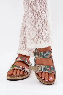 Best Wzorzyste Klapki Damskie Na Korkowej Platformie Z Klamrami LCW-25-35-3480L Multikolor Damskie Klapki Korkowe|Klapki Na Platformie