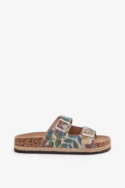Best Wzorzyste Klapki Damskie Na Korkowej Platformie Z Klamrami LCW-25-35-3480L Multikolor Damskie Klapki Korkowe|Klapki Na Platformie