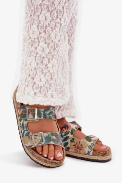 Best Wzorzyste Klapki Damskie Na Korkowej Platformie Z Klamrami LCW-25-35-3480L Multikolor Damskie Klapki Korkowe|Klapki Na Platformie