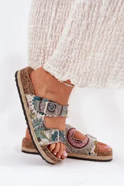 Discount Lee Cooper Wzorzyste Klapki Damskie Na Korkowej Platformie Z Klamrami LCW-25-35-3483L Multikolor Wielokolorowy