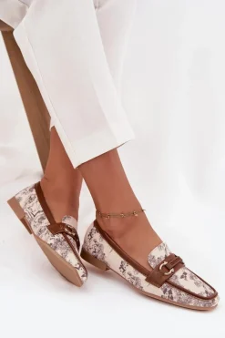 Best Boto Wzorzyste Mokasyny Loafersy Damskie Z Ozdobnym Elementem Beżowo-Brązowe Evelora