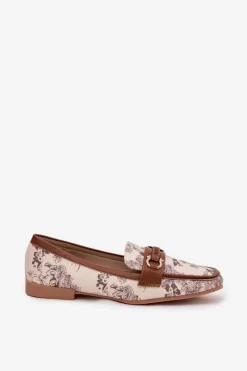 Best Boto Wzorzyste Mokasyny Loafersy Damskie Z Ozdobnym Elementem Beżowo-Brązowe Evelora