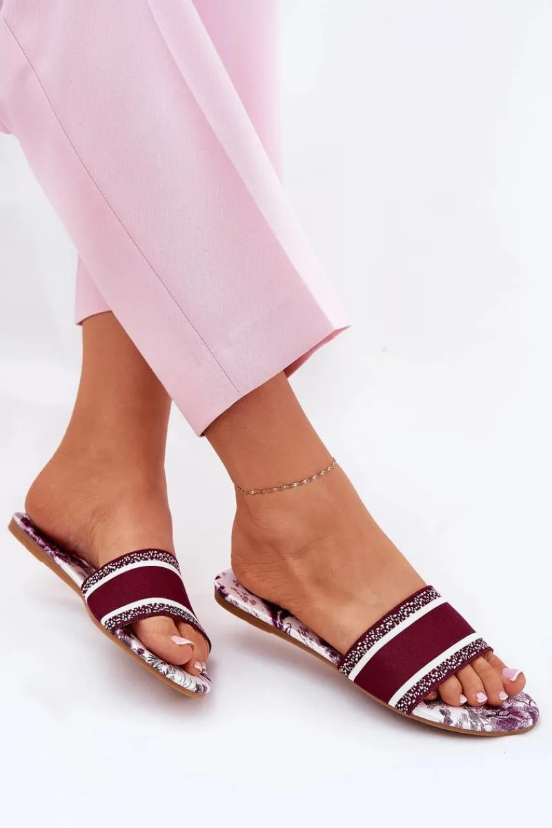 Best Boto Wzorzyste Płaskie Klapki Damskie Bordowe Leysi Czerwony