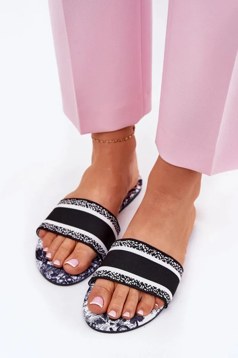 Wzorzyste Płaskie Klapki Damskie Czarne Leysi Damskie Klapki Damskie Klasyczne