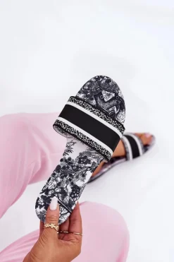 Wzorzyste Płaskie Klapki Damskie Czarne Leysi Damskie Klapki Damskie Klasyczne