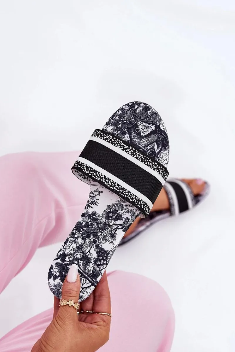 Wzorzyste Płaskie Klapki Damskie Czarne Leysi Damskie Klapki Damskie Klasyczne