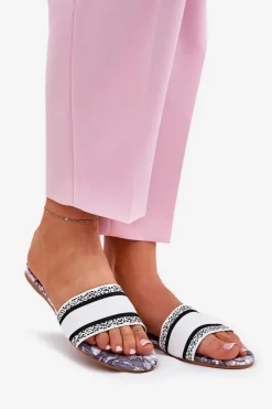 Clearance Boto Wzorzyste Płaskie Klapki Damskie Białe Leysi Biały