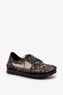 Półbuty Skórzane></noscript>Maciejka Wzorzyste Półbuty Damskie 06347-01 Czarne