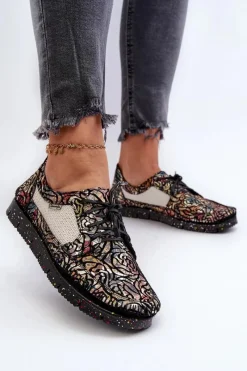 Półbuty Skórzane></noscript>Maciejka Wzorzyste Półbuty Damskie 06347-01 Czarne