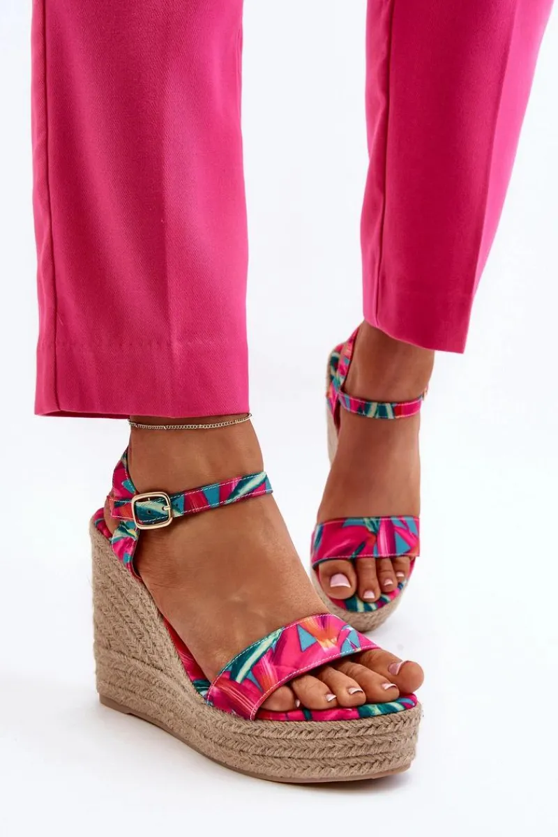 Discount Wzorzyste Sandały Na Koturnie Z Plecionki Fuksja Anihazra Damskie Sandały Na Koturnie