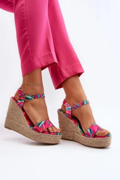Discount Wzorzyste Sandały Na Koturnie Z Plecionki Fuksja Anihazra Damskie Sandały Na Koturnie