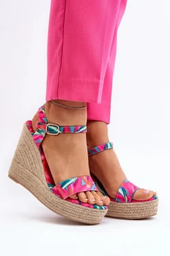 Discount Wzorzyste Sandały Na Koturnie Z Plecionki Fuksja Anihazra Damskie Sandały Na Koturnie