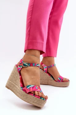 Discount Wzorzyste Sandały Na Koturnie Z Plecionki Fuksja Anihazra Damskie Sandały Na Koturnie