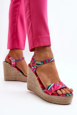 Discount Wzorzyste Sandały Na Koturnie Z Plecionki Fuksja Anihazra Damskie Sandały Na Koturnie