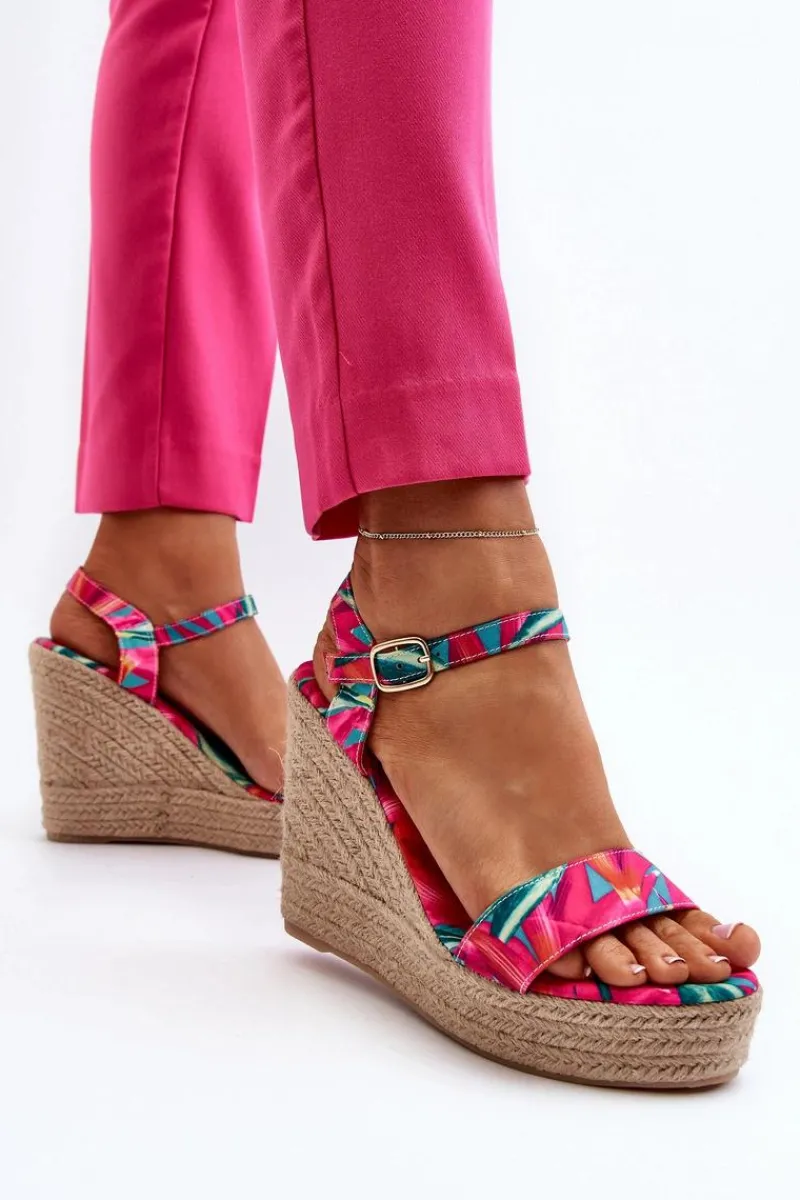 Discount Wzorzyste Sandały Na Koturnie Z Plecionki Fuksja Anihazra Damskie Sandały Na Koturnie