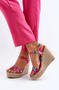 Discount Wzorzyste Sandały Na Koturnie Z Plecionki Fuksja Anihazra Damskie Sandały Na Koturnie
