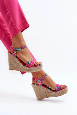 Discount Wzorzyste Sandały Na Koturnie Z Plecionki Fuksja Anihazra Damskie Sandały Na Koturnie