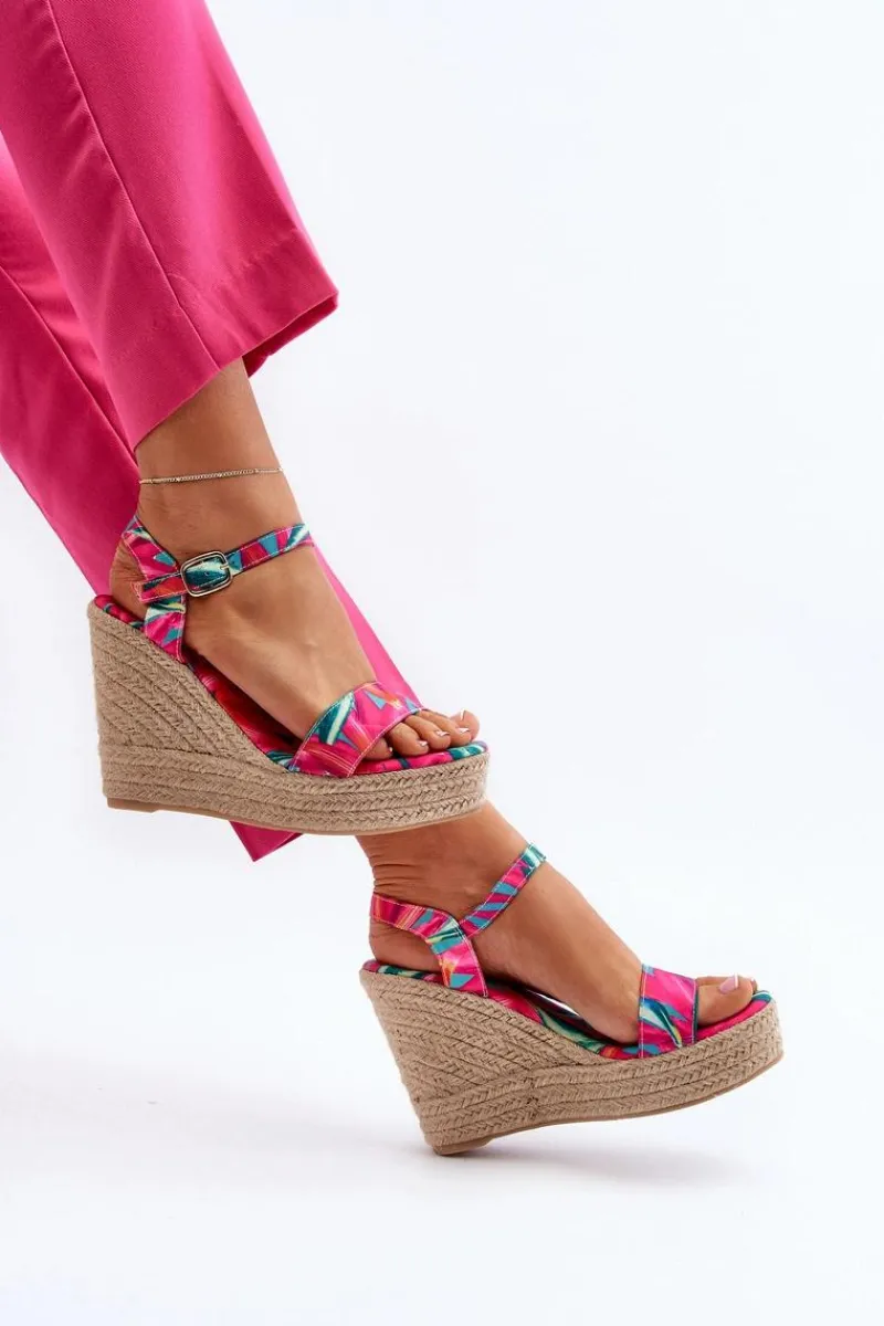 Discount Wzorzyste Sandały Na Koturnie Z Plecionki Fuksja Anihazra Damskie Sandały Na Koturnie