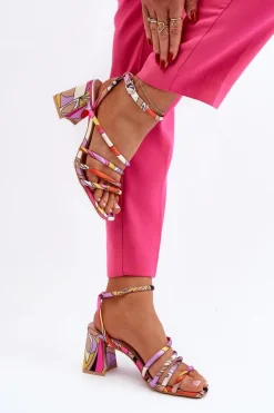 Sale Wzorzyste Sandały Na Słupku Fioletowe Jenglla Damskie Sandały Na Obcasie