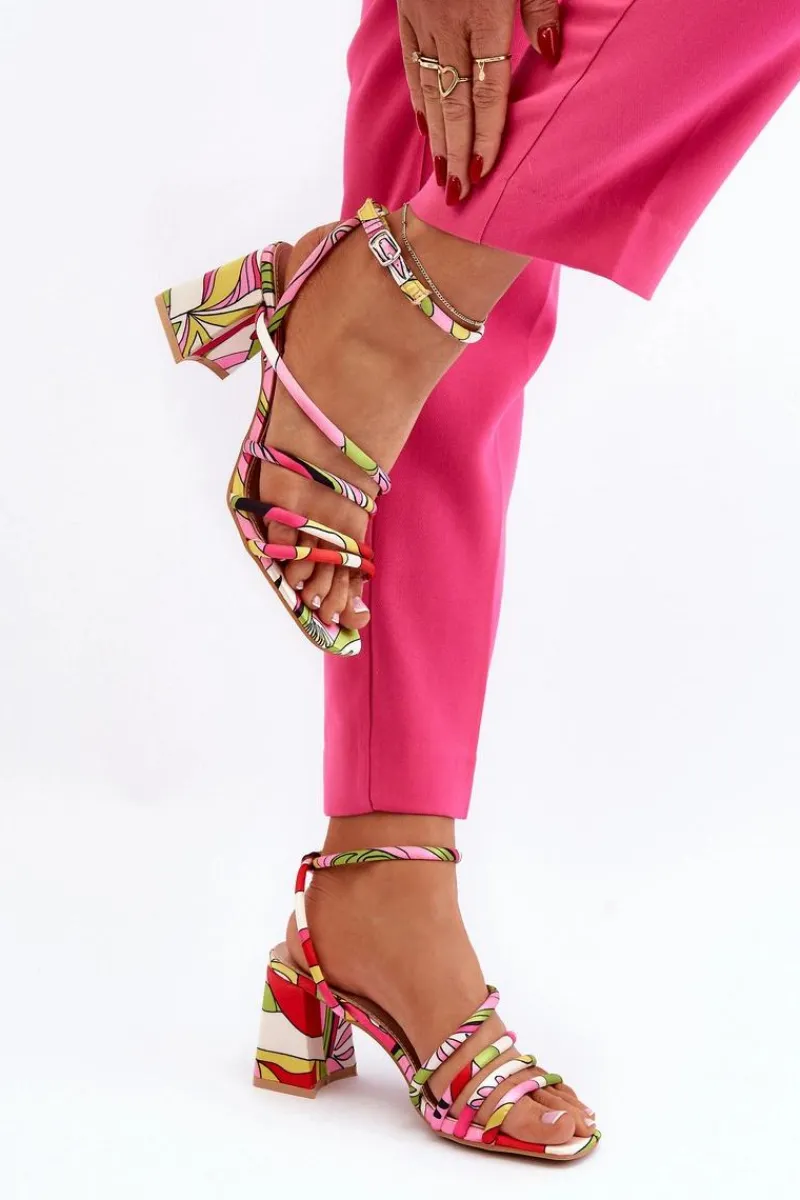 Wzorzyste Sandały Na Słupku Multikolor Jenglla Damskie Sandały Na Obcasie