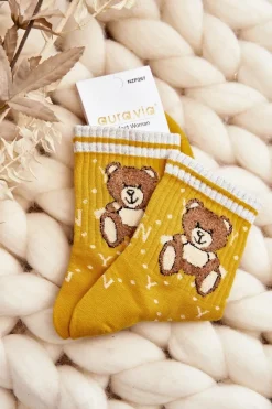 Aura.via Wzorzyste Skarpety Damskie Z Misiem Żółte